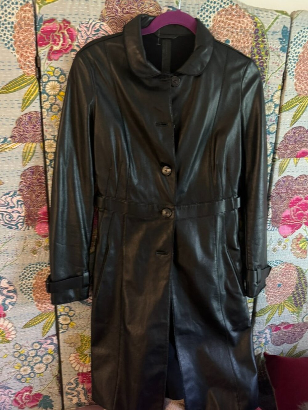 Beautiful black, lamb leather longline trench / jacket / dress - Armani sz 40